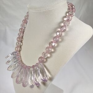 Vintage Unique Pastel Pink Clear And Frosted Lucite Statement Bib Necklace